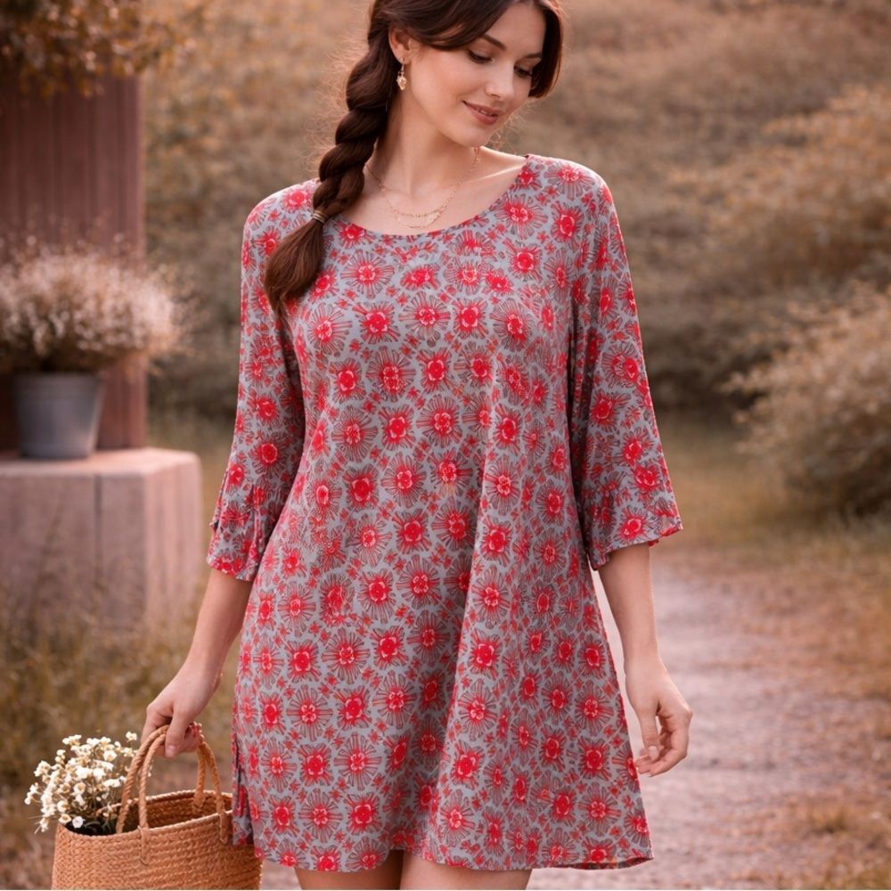 Escapade Living Turquoise Red Geometric Boho Large Dress